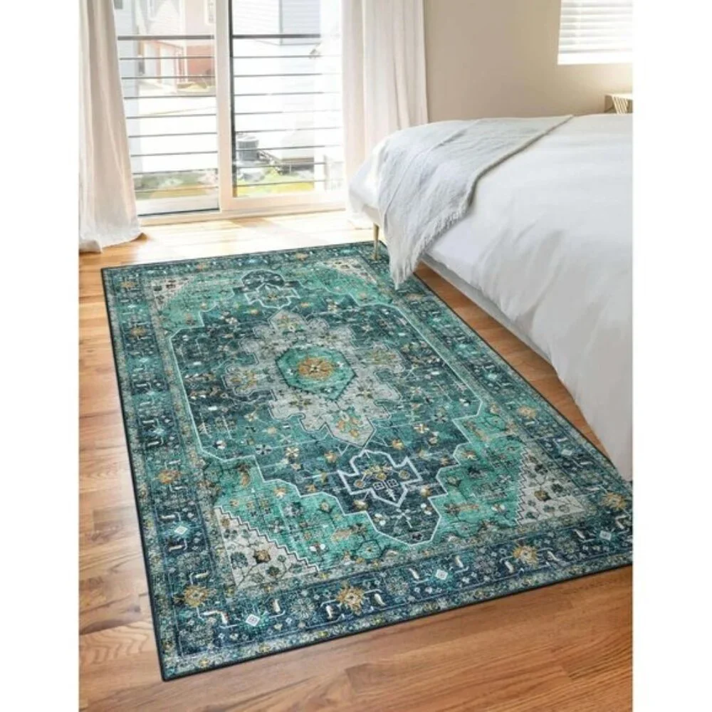 New 3x5 Vintage Washable Rug, Ultra-Thin Non-Slip Boho Medallion Carpet in Teal